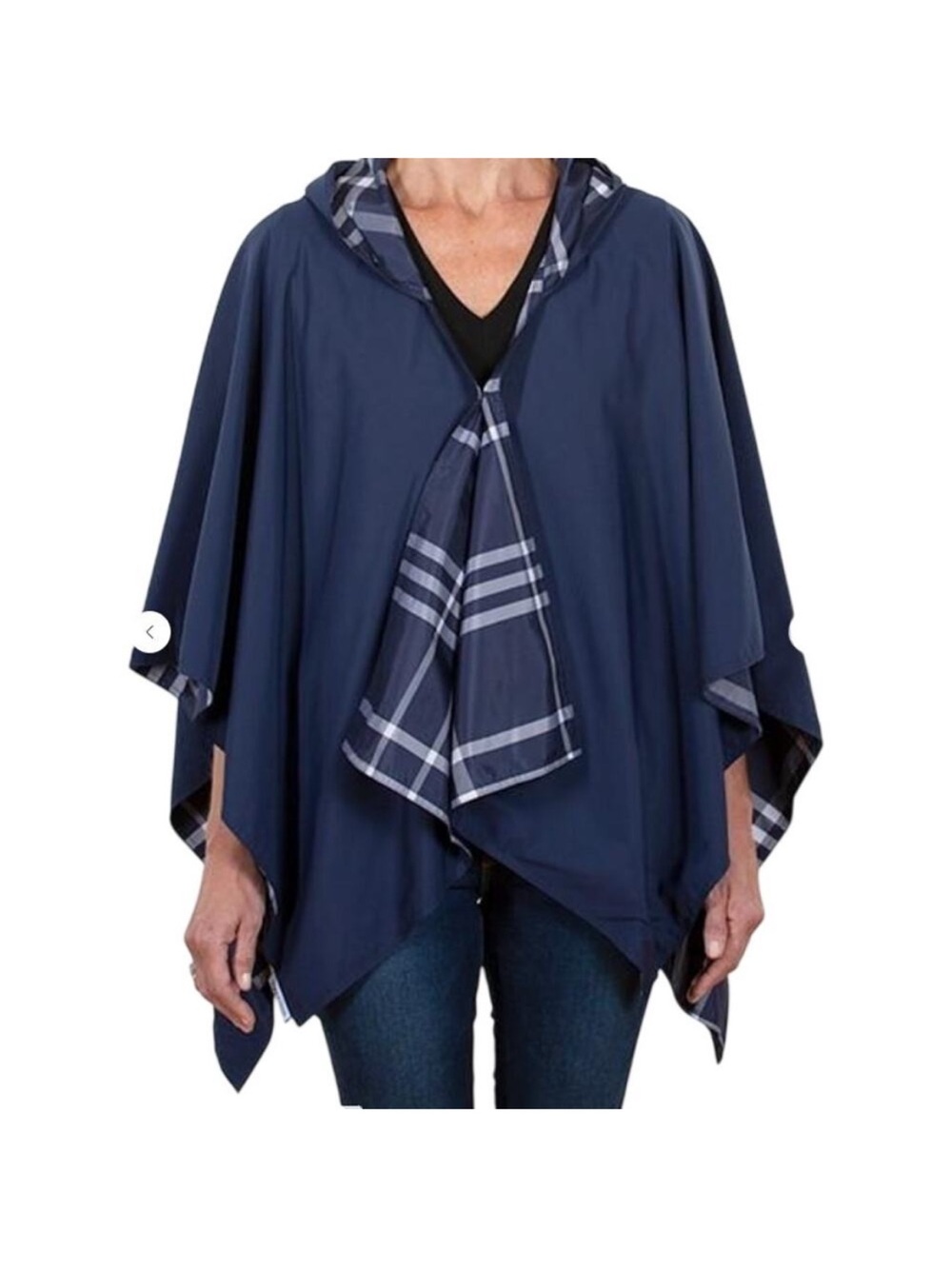 RAINRAP Water Repellent Lightweight Hooded Poncho Cape Blue Plaid Reversible OS